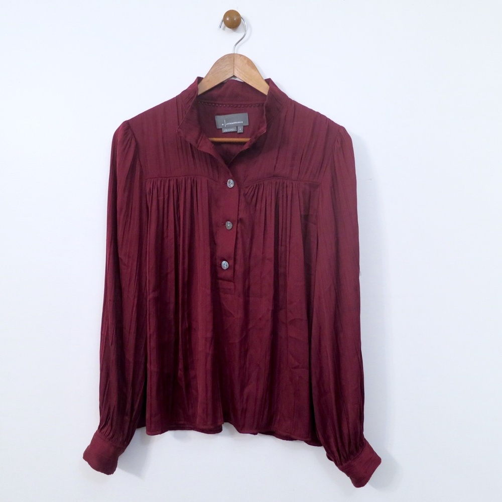 ANTHROPOLOGIE Relaxed Shimmer Satin Blouse Dark Cherry Henley Button Up Small